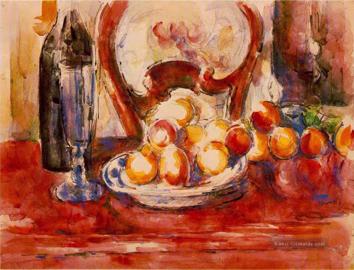 Stillleben Äpfel eine Flasche und Chairback Paul Cezanne Ölgemälde